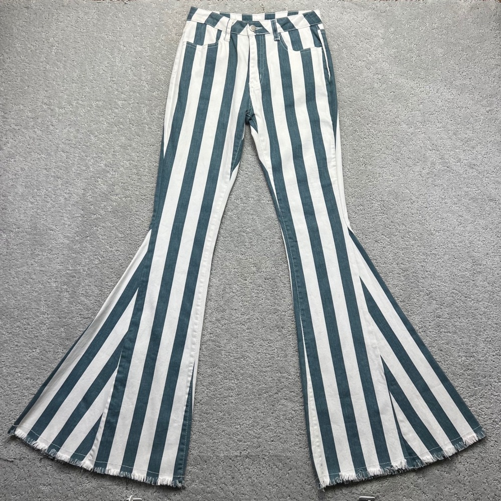 Saints & Hearts Bell Bottoms Womens S Green White Striped Flare Hippie Western
